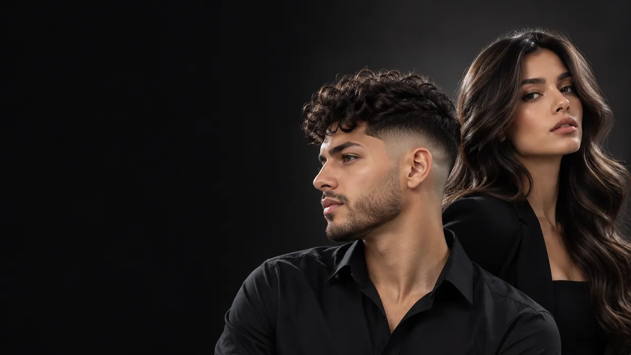 Un hombre de rizos con desvanecido y una mujer de cabello largo ondulado con reflejos, de negro, sobre fondo negro